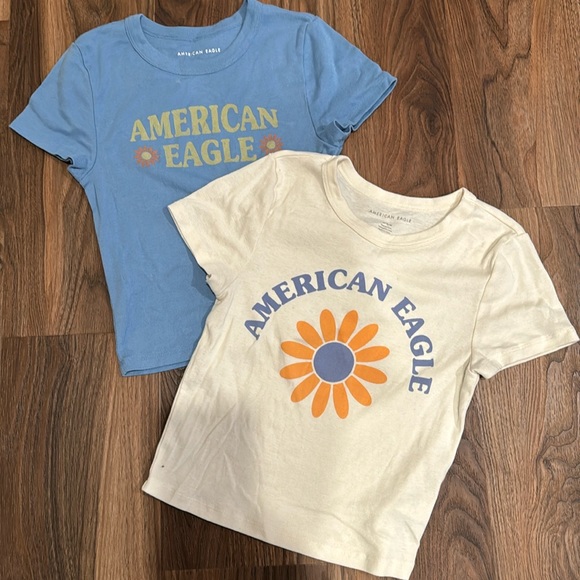 American Eagle Outfitters Tops - American Eagle tops | t shirt | cream & blue | graphic tee | size Small & Medium